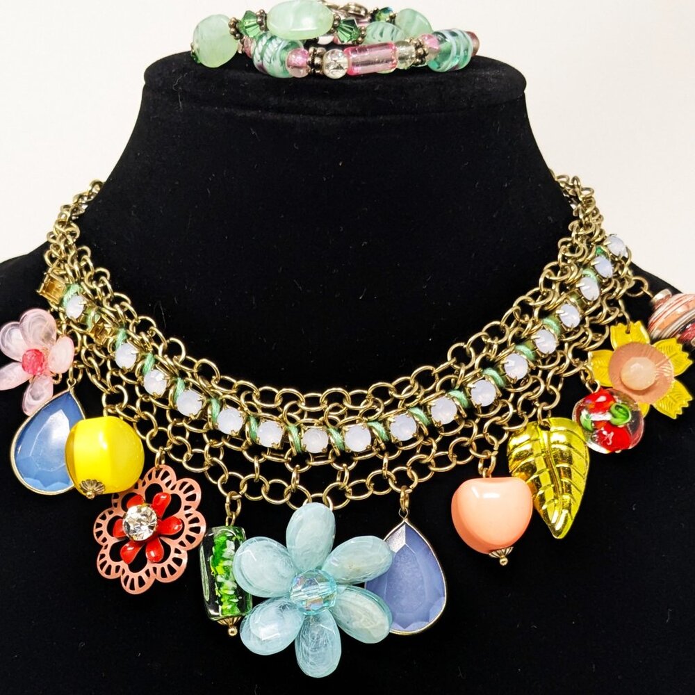 Floral Statement Bib Necklace MCM Style Colorful Lucite Enamel Metal Moonstone